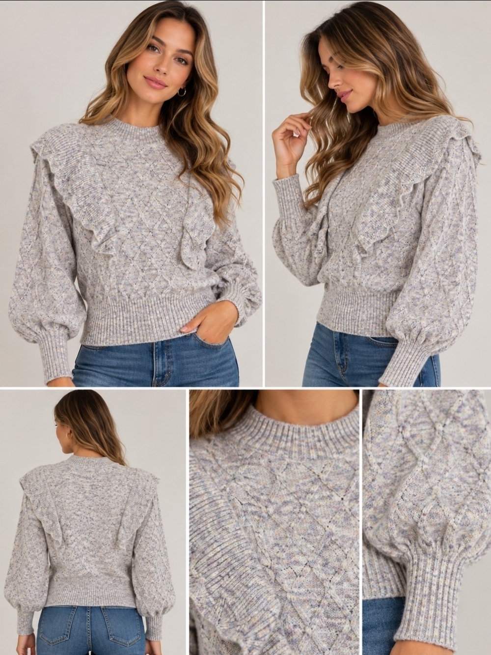 SO Multitone Cream Heather Ruffle Cable Knit Wool Blend Sweater Size L